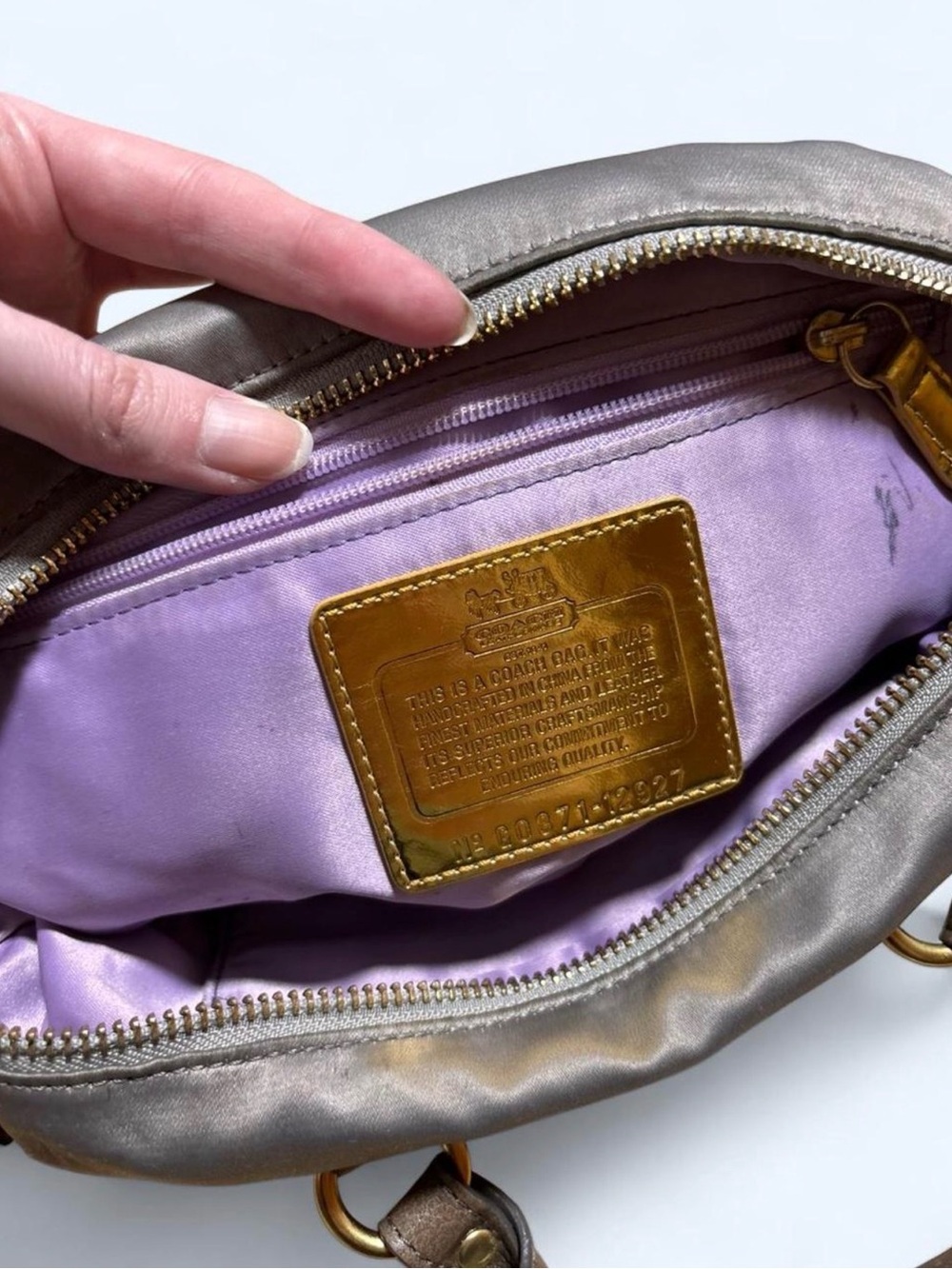 Coach Satin Purple Shoulder Bag with Brown Leather Trim - Picture 4 of 8